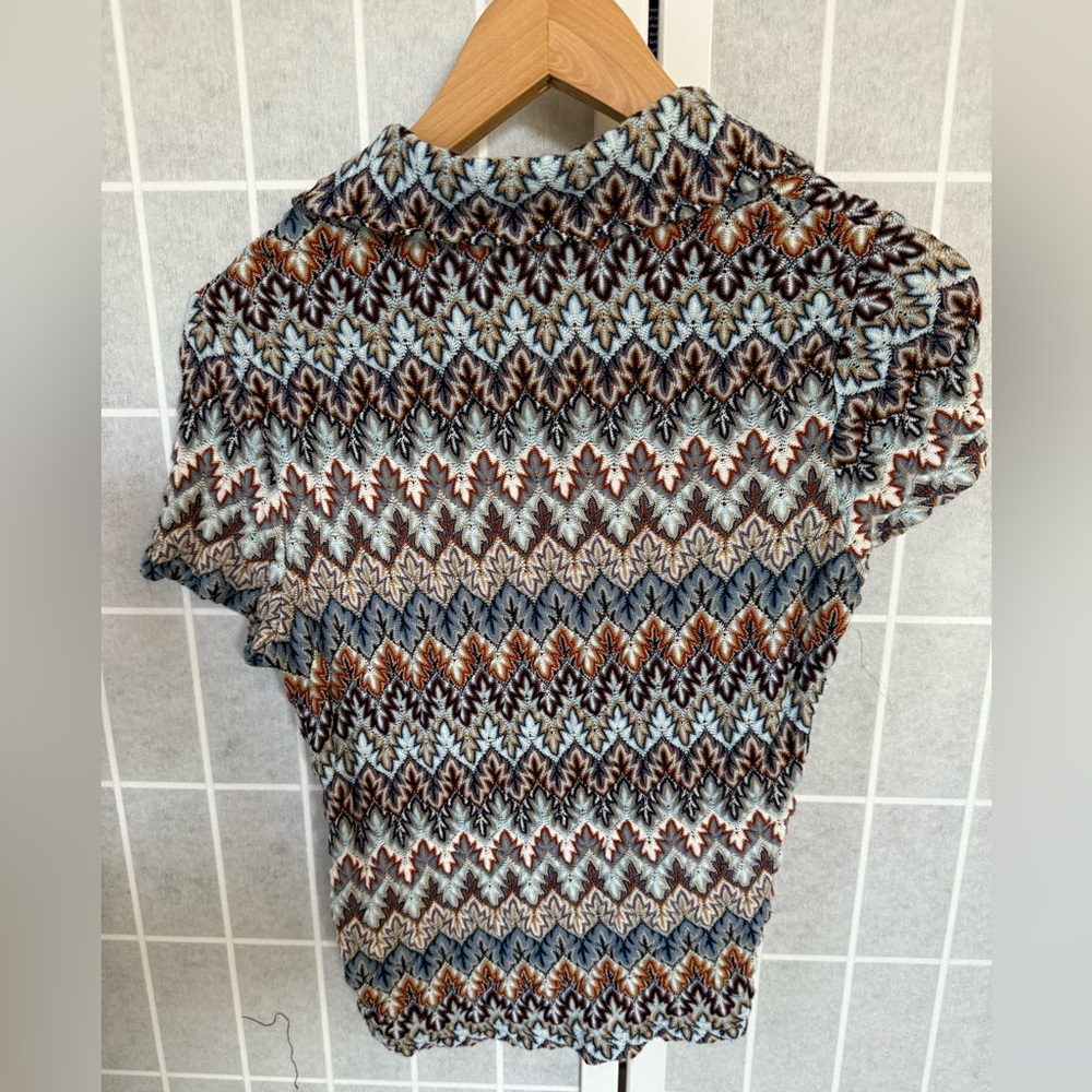 Vintage Aqua Blues Cropped Button-Up stretchable Shirt, blue & brown, Large. - Picture 2 of 3